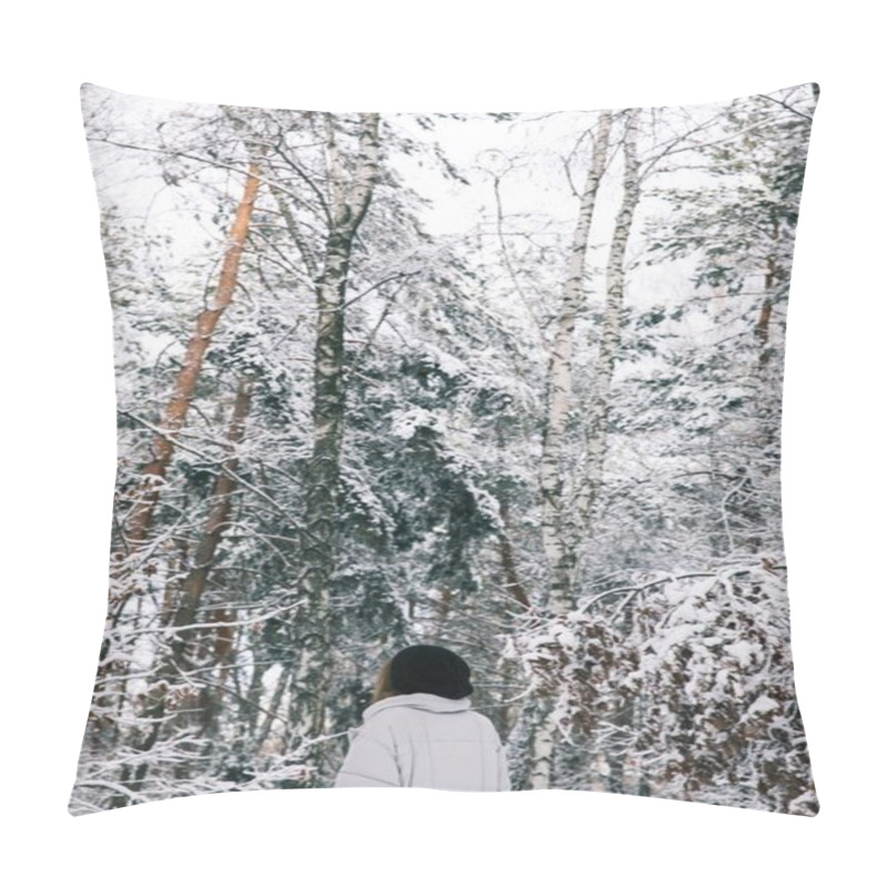 Personality  Back View Of Woman Walking In Snowy Forest Pillow Covers