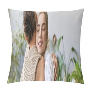 Personality  A Loving Lesbian Couple Hugging Tenderly In An Art Studio. Pillow Covers