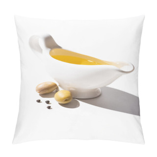Personality  Olive Oil In Gravy Boat Near Green Olives And Black Pepper On White Background Pillow Covers