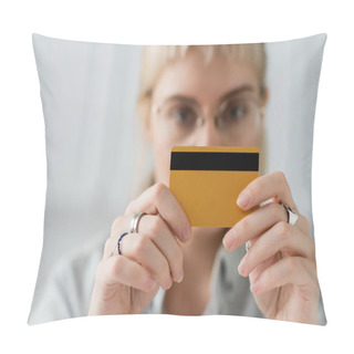 Personality  Blurred Scene Of Young Woman In Eyeglasses With Rings On Fingers Holding Credit Card In Hands And Looking At Camera At Home With Blurred Background, Copy Space  Pillow Covers