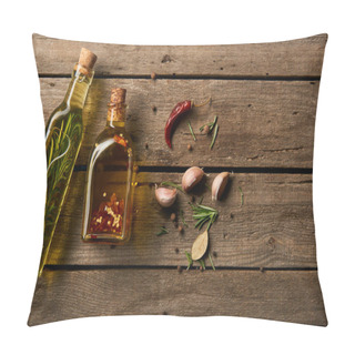 Personality  Top View Of Bottles Of Oil Flavored With Different Spices And Rosemary On Wooden Surface Pillow Covers