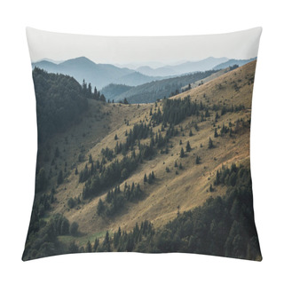 Personality  Yellow Meadow With Pine Trees In Mountains Against Sky  Pillow Covers