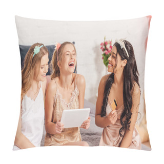 Personality  Beautiful Smiling Multicultural Girls In Nightwear With Digital Tablet And Credit Card Doing Online Shopping During Pajama Party Pillow Covers