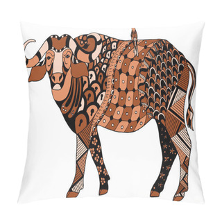 Personality  African Buffalo With A Bird On His Back, Zentangle Stylized, Vector, Illustration, Freehand Pencil. Pillow Covers