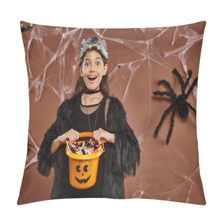 Personality  Close Up Cheerful Girl With Her Bucket Full Of Sweets On Brown Background, Halloween Concept Pillow Covers