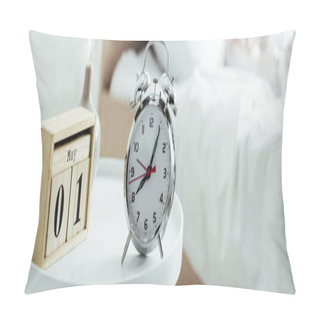 Personality  Selective Focus Of Alarm Clock And Calendar In Bedroom At Morning  Pillow Covers