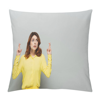 Personality  Worried Woman Standing With Crossed Fingers And Looking Away On Grey Pillow Covers