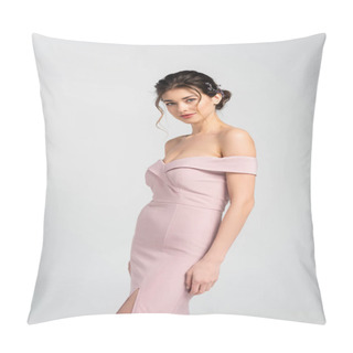 Personality  Charming Bride In Pink, Elegant Dress Looking At Camera Isolated On Grey Pillow Covers