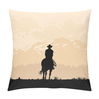 Personality  Silhouette Of Lonesome Cowboy Riding Horse At Sunset, Vector Illustration Pillow Covers