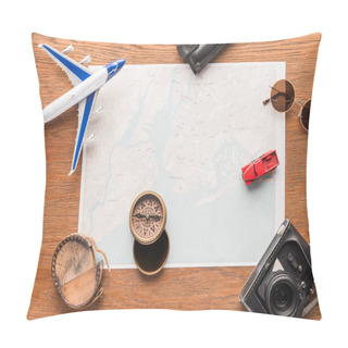 Personality  Top View Of Map With Various Travel Attributes On Wooden Surface Pillow Covers