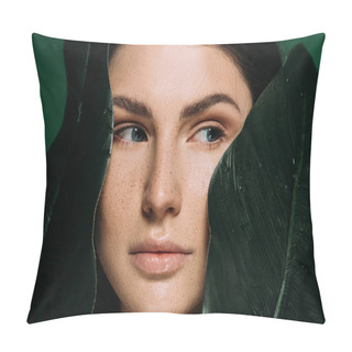 Personality  Young Woman With Freckles On Face Posing With Leaves Isolated On Green Pillow Covers