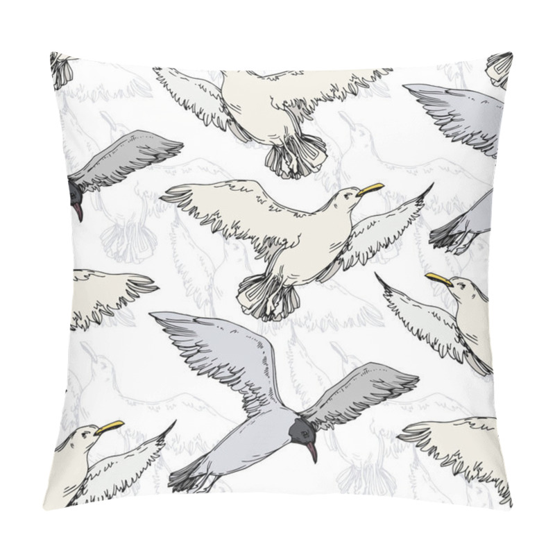 Personality  Sky bird seagull in a wildlife. Black and white engraved ink art. Seamless background pattern. pillow covers