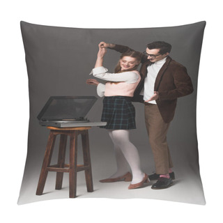 Personality  Stylish, Old Fashioned Couple Dancing Near Vinyl Player On Dark Grey Background Pillow Covers