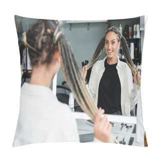 Personality  Happy Client In Beauty Salon, Cheerful Woman With Braids Looking At Mirror, Customer Satisfaction, Beauty Salon, Hairstyle, Female Client With Braids,  Mirror Refection, Two Ponytails, Extension  Pillow Covers