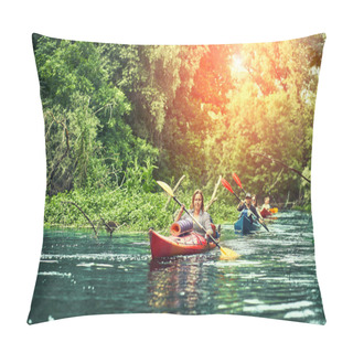Personality  Group Of Young People On Kayak Outing Rafting Down The River Pillow Covers
