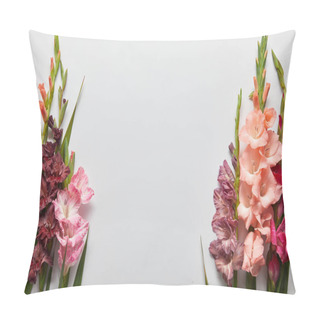 Personality  Close-up View Of Beautiful Pink And Violet Gladioli Flowers On Grey Background  Pillow Covers