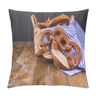 Personality  Bavarian Pretzel Decorated With A Blue And White Cloth On A Rustic Wooden Board - Munich Oktoberfest. Baking In A Basket. Background And Free Space For Text. Traditional Pastries For The Festival. Bla Pillow Covers