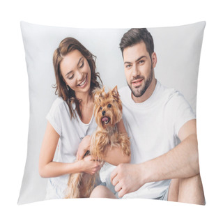 Personality  Portrait Of Young Smiling Couple With Yorkshire Terrier Isolated On Grey Pillow Covers