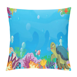 Personality  Cartoon Scene With Coral Reef With Happy And Cute Fish Swimming With Frame Space Text Turtle - Illustration For Children Pillow Covers
