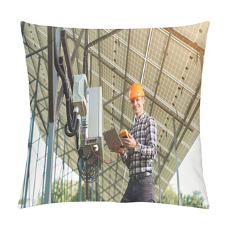 Personality  Happy Man Checking The Operation With Laptop And Sensor, On The Background Of The Solar Power Station. Solar Panels, Sunny Power Electricity. Innovation Future. Modern Technology. Pillow Covers