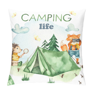 Personality  Fox, Hedgehog, Tent, Fir Trees, Clouds. Watercolor Card Camping Life Pillow Covers