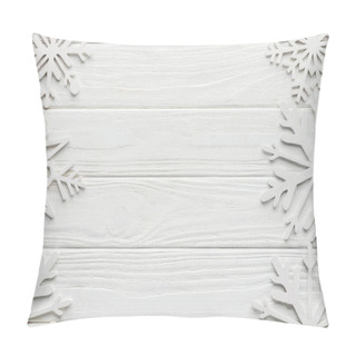 Personality  Flat Lay With Decorative Snowflakes On White Wooden Tabletop Pillow Covers
