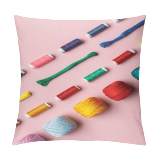 Personality  Top View Of Colorful Knitting Yarn Balls, Embroidery Threads And Thread Coils On Pink  Pillow Covers
