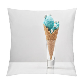 Personality Delicious Sweet Blue Ice Cream With Marshmallows In Crispy Waffle Cone Isolated On Grey Pillow Covers