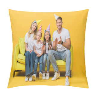 Personality  Happy Family In Birthday Party Caps Applauding On Sofa On Yellow Pillow Covers
