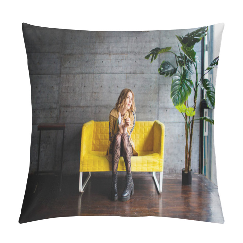 Personality  Beautiful Blonde Sitting On Yellow Couch. Moving House Concept. Choosing Furniture. Hesitation Notion Pillow Covers