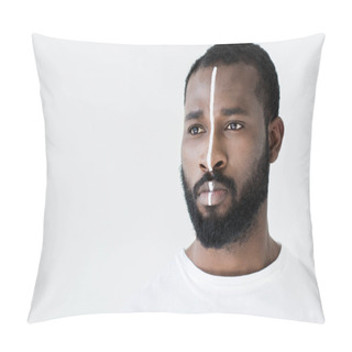 Personality  Headshot Of Handsome African American Man With White Stripe On Face Isolated On White Pillow Covers