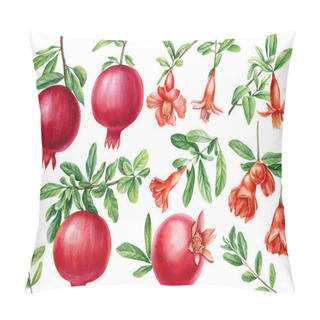Personality  Fresh Ripe Pomegranate, Flower And Leaves Set. Watercolor Illustration, Isolated On White Background Pillow Covers