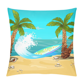 Personality  Tropical Beach. Surfboard. Vector Cartoon Close-up Illustration. Pillow Covers