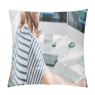 Personality  Panoramic Shot Of Cheerful Editor In Studio  Pillow Covers