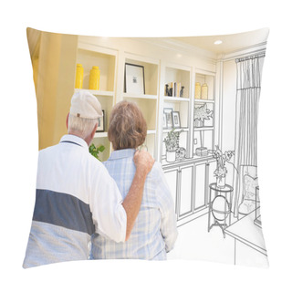 Personality  Senior Couple Facing Custom Built-in Shelves And Cabinets Design Drawing Gradating To Finished Photo. Pillow Covers