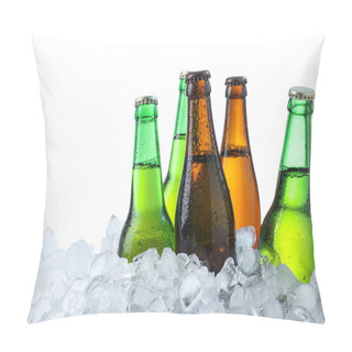Personality  Bottles Of Beer On Ice Cubes Against White Background Pillow Covers