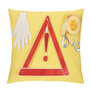 Personality  Top View Of Warning Triangle Road Sign, Gloves And Car Tow Rope Isolated On Yellow Pillow Covers