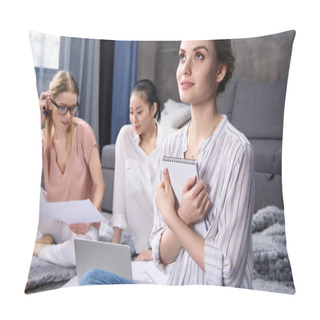 Personality  Young Woman Dreaming While Colleagues Working Pillow Covers