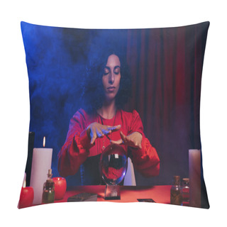 Personality  Soothsayer With Closed Eyes Near Crystal Ball And Burning Candles On Dark Background With Blue Smoke Pillow Covers