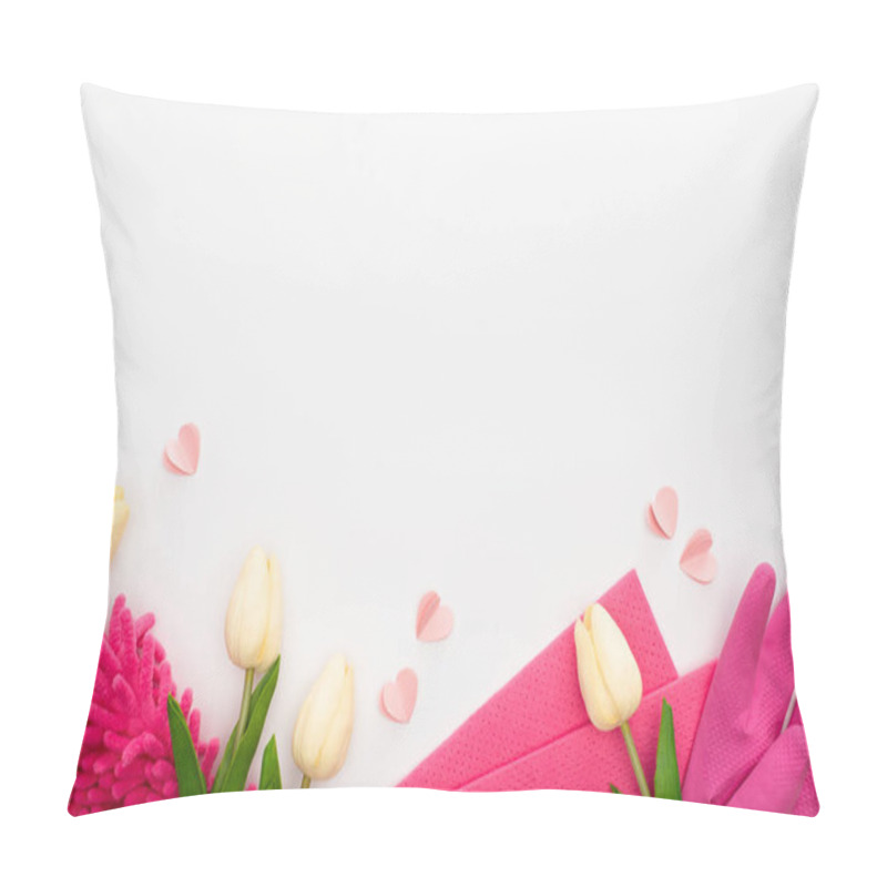 Personality  Top View Of Spring Tulips And Pink Cleaning Supplies On White Background Pillow Covers