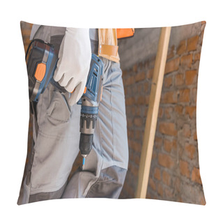 Personality  Cropped View Of Constructor Holding Hammer Drill Pillow Covers
