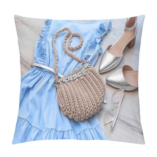 Personality  Stylish Set With Knitted Bag On Wooden Background Pillow Covers