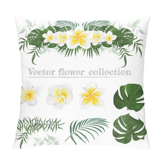 Personality  Vector Border Of Frangipani Flowers And Plants. Compositions Of Plants. Plants Isolated On A White Background. Monstera, Palm Leaves, Tropical Plants. Elements For Floral Design. Pillow Covers