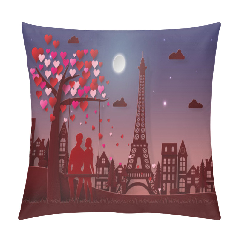 Personality  Origami Paper art of Romantic couple sitting under heart tree in twilight time, Love and Happy Valentine's Day pillow covers