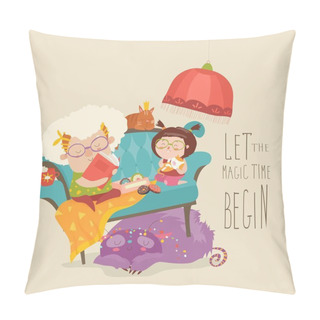 Personality  Grandmother Reading Fairytales To Her Granddaughter Pillow Covers