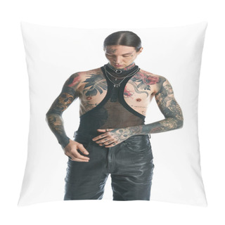 Personality  A Young Man With Striking Tattoos And Piercings On His Chest Poses In A Studio Against A Grey Background. Pillow Covers