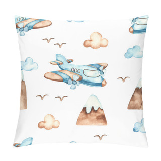Personality  Airplane, Mountains, Clouds On White Background. Watercolor Boho Seamless Pattern For Boys Pillow Covers