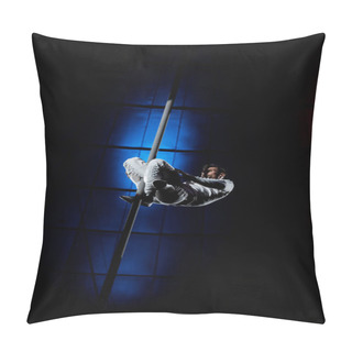 Personality  Handsome And Strong Acrobat Performing On Metallic Pole Neat Blue Light  Pillow Covers