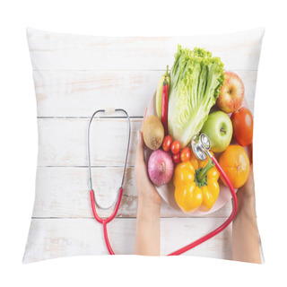 Personality  Healthy Lifestyle, Food And Nutrition Concept. Close Up Doctor Woman Hand Holding Plate Of Fresh Vegetables And Fruits With Stethoscope Lying On White Wooden Table. Pillow Covers