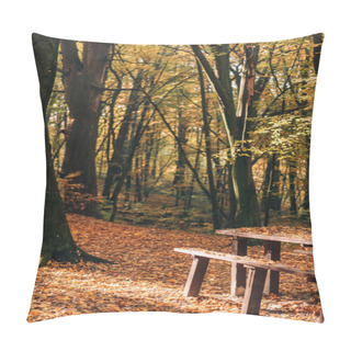 Personality  Sunlight On Wooden Benches And Table In Autumn Forest  Pillow Covers